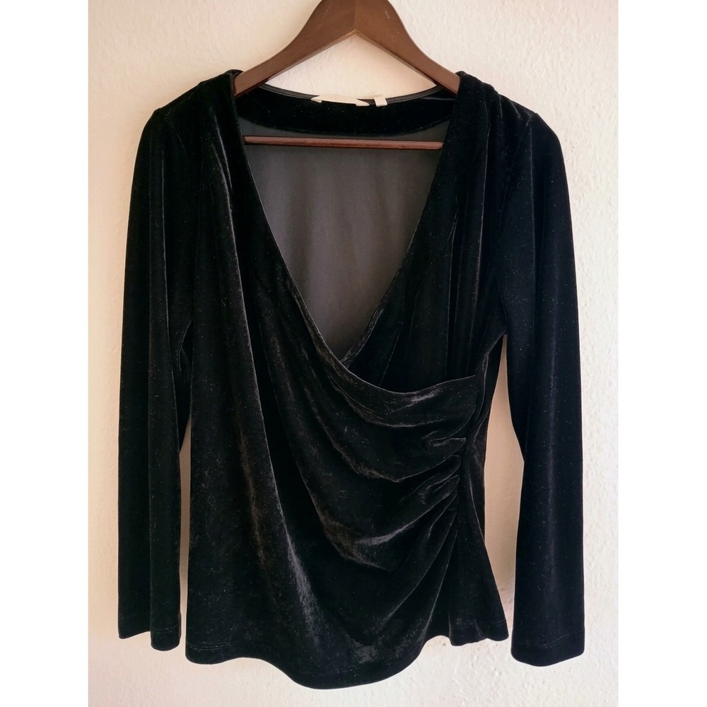 Soft Surroundings Black Velvet Wrap Style Top Long Sleeve Ruched V-Neck Blouse M